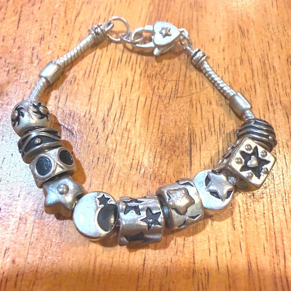 Celestial Star and Moon Charm Bracelet Silver Tone Snake Chain Heart Clasp 8in